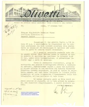 Carta de Olivetti a la dirección didáctica de Bagnoli Irpino, Ivrea, 1931