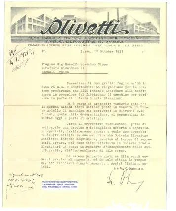 Carta de Olivetti a la dirección didáctica de Bagnoli Irpino, Ivrea, 1931